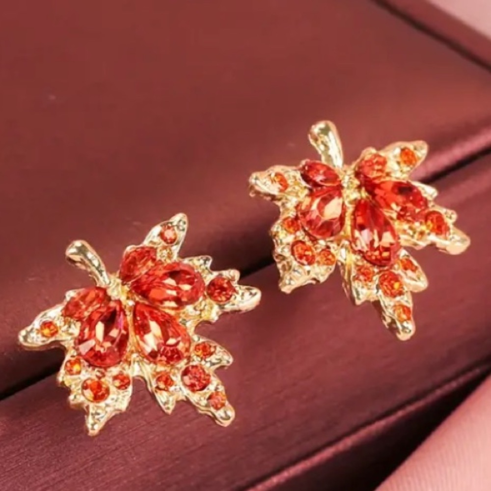 Burnt Orange Crystal Maple Leaf Leaves Gold Toned Stud Earrings - Picture 5 of 7